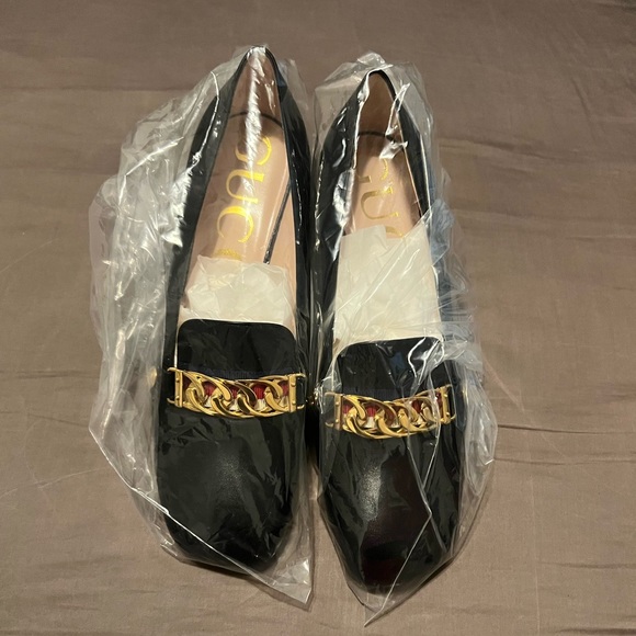 NEW GUCCI shoes heels pumps Black Leather Sylvie Web Stripe Chain Block Size 38 - Picture 7 of 11